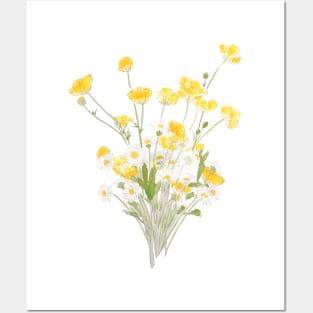 yellow buttercup and white daisy flowers bouquet ink and watercolor Posters and Art